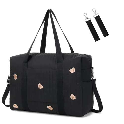 Diaper Bag Tote with Insulated Pockets and Stroller Hooks for Travel (Black-gold, Large)