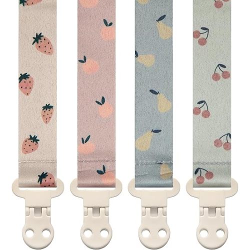 Baby Pacifier Clip Holder - Girl or Boy Unisex 4 Pack Gift Set – Summer Peaches Strawberies Cherries Pears (Fruits)