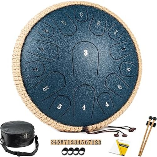 Steel Tongue Drum - 13 Inches 15 Notes Tongue Drum - Hand Pan Drum with Music Book, Handpan Drums Mallets and Carry Bag, D Major (Navy Blue)