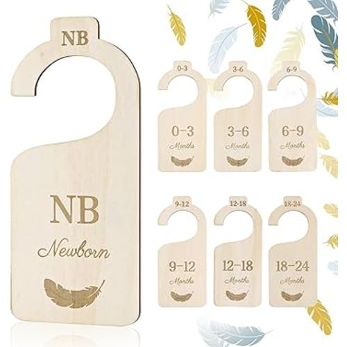 Baby Closet Dividers for Clothes Organizer, Set of 7 Wooden Hanger Organizer from Newborn to 24 Month, Double-Sided Baby Clothes Size Dividers for Nursery Decor and Organization