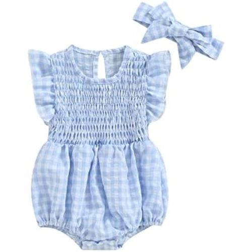 Infant Newborn Baby Girl Summer Outfit One Piece Smocked Romper Ruffle Sleeve Plaid Playsuit Headband 3 6 9 12 18M