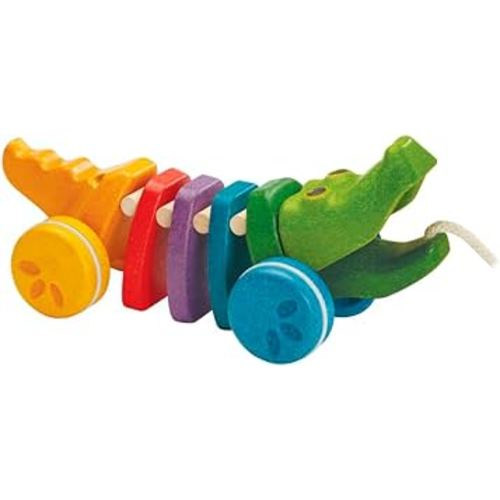 PlanToys Dancing Alligator Push & Pull Toy - Sustainably Made from Rubberwood, Makes Click-Clack Sounds and Dancing Movements when Pulled (Rainbow)