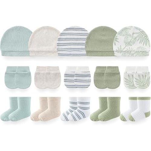 BIGBIGKISS Infant Baby Girl Boy Hats Mittens and Soft Socks Set 0-6 Months | 100% Cotton, Infant Caps, Newborn Soft Gloves