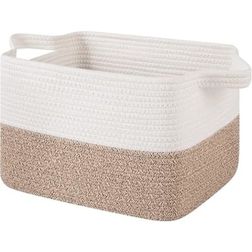 OIAHOMY Woven Storage Basket for Shelves, Rectangle Cotton Rope Baskets for Organizing, 13 x 10 x 9 in, Storage Bins for Dog Toys,Towel,Books,Gift,Brown and White