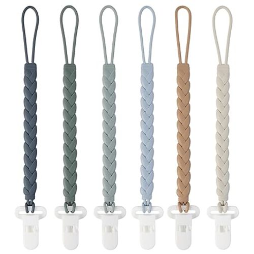 6-Pack Silicone Pacifier Clips with a Woven Rope Shape for Baby Boys and Girls - Flexible and Rust-Free Holders for Teething Relief and Baby Essentials, Safe for Newborns (Grey)