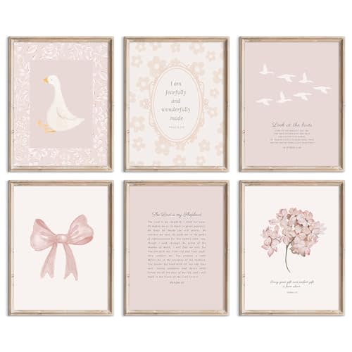 Nursery Christian Wall Art Bible Verse Prints Pink Girl Nursery Room Canvas Wall Decor Coquette Bow Poster Jesus Boho Scripture Pictures Vintage Floral Artwork for Bedroom 8x10x6 Inch Unframed