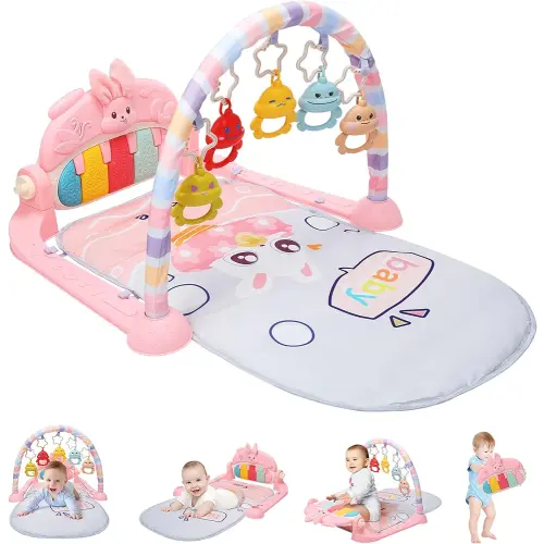 HOLYFUN Tapete de juego para gimnasio para bebés, tapete de piano con gimnasio de actividades, 5 juguetes sensoriales para bebés de aprendizaje infantil, centro de actividad musical para desarrollo