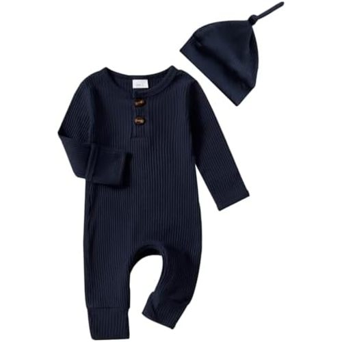 Infant Boys Girls Clothes Set Newborn Baby Romper Hat Ribbed Knit Long Sleeve Button Solid Bodysuit Jumpsuit