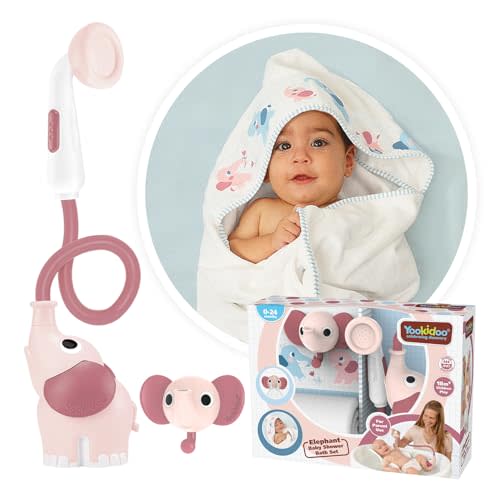 Yookidoo Baby Bath Elephant Shower Head Gift Set - Includes Hooded Towel & Hanger - Control Water from 2 Elephant Trunk Knobs for Max Fun in Tub or Sink Newborns, Toddlers, Boys, Girls (Blush Pink)