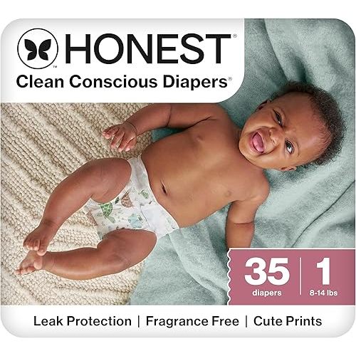 The Honest Company Clean Conscious Diapers for Sensitive Skin, Up to 100% Leakproof, Hypoallergenic, Fragrance Free, Turtle Time, Polybag, Size 1 (8-14 lbs), 35 Count