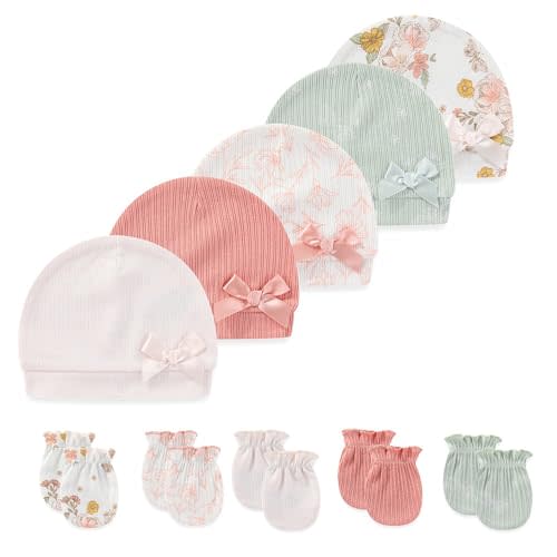 Kiddiezoom 10 Pieces Newborn Baby Cotton Cap and Mitten Sets Baby Boys and Girls