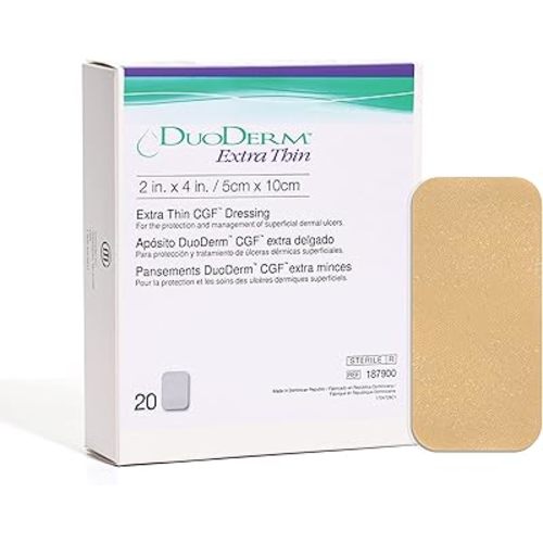 ConvaTec DuoDERM Extra Thin Control Gel Formula 2"x4" Hydrocolloid Sterile Adhesive Dressing for Superficial Wounds, Low Friction, Flexibile, Latex-Free, Waterproof, Rectangle, Beige, 20ct Box