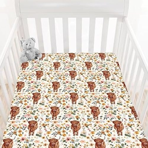 HawSkgFub Highland Cow Floral Boho Fitted Standard Crib Sheet for Baby Girl, Retro Western Farm Animal Yak Flower Toddler Mattress Cover, Soft Stretchy Nursery Bed Sheets Decor Kids Gift 52" x 28"