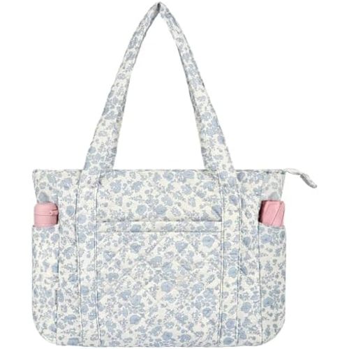 WOBAGMEN Quilted Tote Bag for Women, Floral Quilted Tote Bag with Zipper, Cute Shoulder Bag for Work, Travel, Gym (Blue Floral, M)