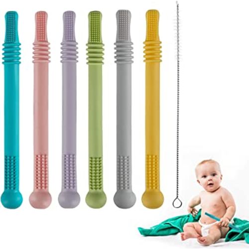 Fu Store Hollow Teether Tube Chew Straw Toy for Infant Toddlers Silicone Tubes Teething Toys for Babies 3-12 Months BPA Free/Freezable/Dishwasher and Refrigerator Safe (6 Pack)