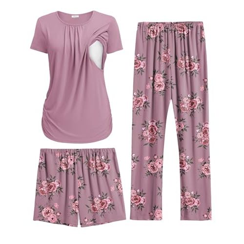 Ekouaer Maternity Nursing Pajamas Set 3 Piece Postpartum Lounge Breastfeeding Pjs Pregnancy Shorts & Pants S-XXL