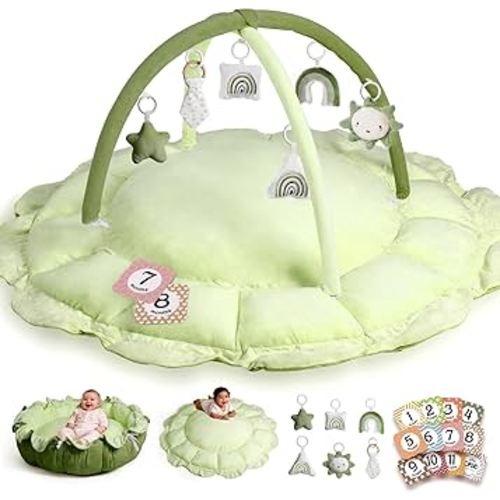 HAN-MM 5-in-1 Convertible Baby Play Gym with 6 Toys, Tummy Time Mat for Sensory Development, Baby Activity Center from Newborn to Toddler, Ball Pit, Soft Plush Pet Mat, Green