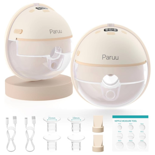 Paruu Hands Free Breast Pump P16, Wearable Breast Pump Electirc Portable with 4 Modes & 12 Levels, Max 309mmHg Strong Suction 19/21/24mm Flange Inserts Wearable Breastfeeding Pump, 2 Pack（Nude