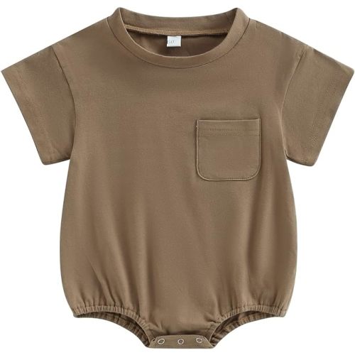 AEEMCEM Baby Boy Girl Oversized T-Shirt Bubble Romper Solid Color Short Sleeve Pocket Bodysuit Top Summer Clothes