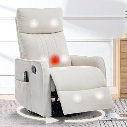 cinkehome Swivel Rocker Recliner, Glider Rocking Recliner Chair for Nursery, Manual Reclining Chair with Heated Massage, Small Spaces, Living Room, Off-White Chenille