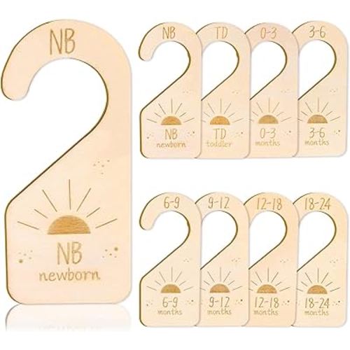Whaline 8Pcs Baby Closet Size Dividers Wooden Baby Wardrobe Hanger Organizer Boho Sun Design Hanging Wooden Newborn to 24 Months for Home Nursery Baby Clothes Decor