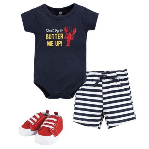 Hudson Baby Infant Boys Cotton Bodysuit, Shorts and Shoe Set, Butter Me Up Lobster, 6-9 Months