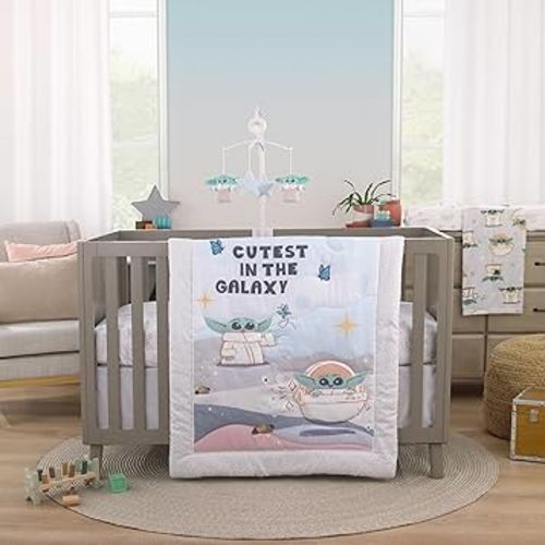 Star Wars Grogu Cutest in The Galaxy Cream, Green, and White 3 Piece Nursery Crib Bedding Set - Comforter, Fitted Crib Sheet, and Crib Skirt