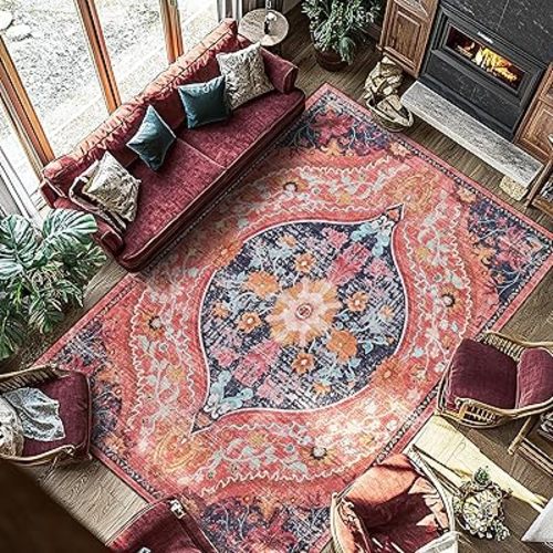 Large Boho 9x12 Area Rug Machine Washable Living Room Non Slip Eco-Friendly Area Rugs for Bedroom Vintage Distressed Stain Resistannt Rug (Fuchsia/Multi,9x12ft)