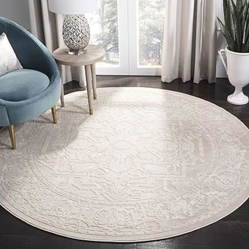 SAFAVIEH Reflection Collection Area Rug - 8' Round, Creme & Ivory, Boho Tribal Distressed Design, Non-Shedding & Easy Care, Ideal for High Traffic Areas in Living Room, Bedroom (RFT665D)