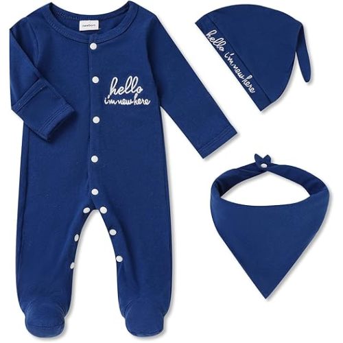 Newborn Infant Baby Boy Coming Homing Clothes Letter Print Button Knit Footed Romper Jumpsuit Hat Bibs 3pcs Outfit