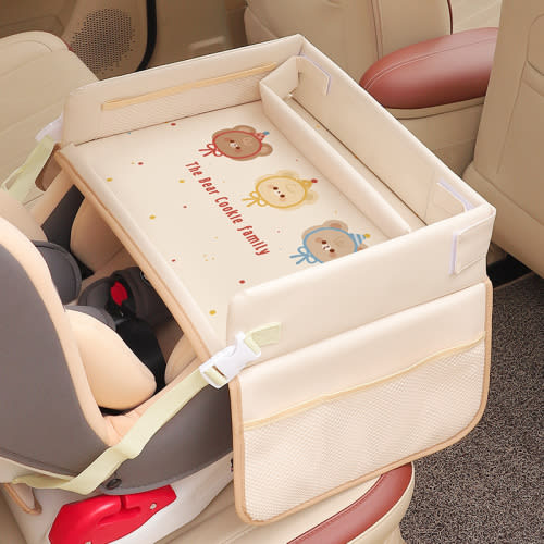 baby safety seat tray with waterproof storage & cartoon animal design - adjustable hanging car seat organizer, travel