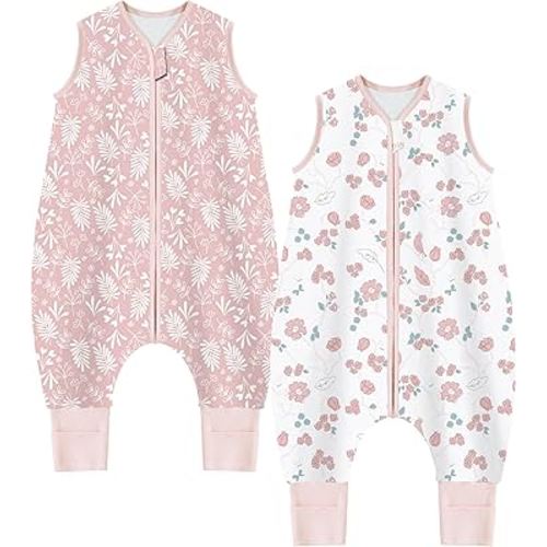 Baby Sleep Sack with Feet 1.0 TOG, 100% Organic Cotton Wearable Blanket 2 Pack Newborn Infant Sleeping Bag with 2-Way Zipper, 2-3 T, Floral