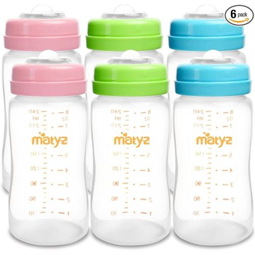 Matyz 6-PACK Breast Milk Storage Bottles (8 Ounce, 3 Colors) - Wide Neck Breastmilk Collection and Storage Bottle - Formula Storage Bottles Compatible with Medela Avent Spectra Pumps - 8 Ounce, Pack of 6, 3 Colors Lids