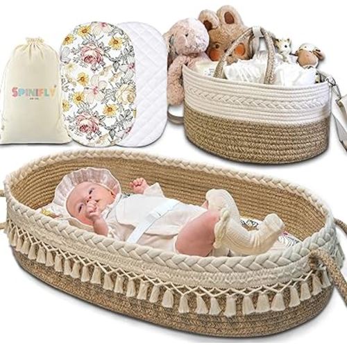 Baby Changing Basket Set w. Diaper Caddy Organizer Macrame Boho Moses Basket for Babies, Handmade 100% Cotton Rope, Woven Portable Nursery Decor Waterproof Pad & Floral Pad