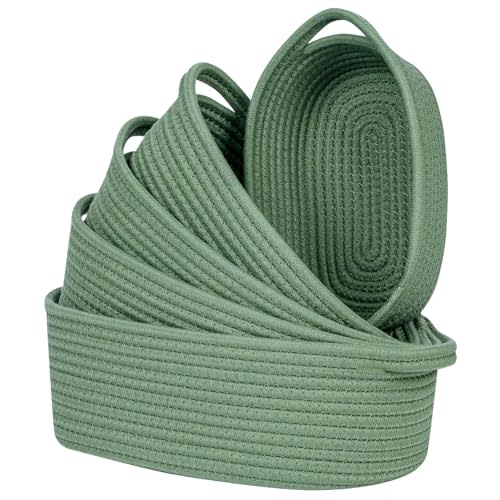 CubesLand Small Cotton Rope Storage Basket Set 5, Shelves Baskets for Organizing with Handle, Decorative Closet Storage Bins for Countertop Toilet Paper Basket for Toilet Tank Top,Green Basket