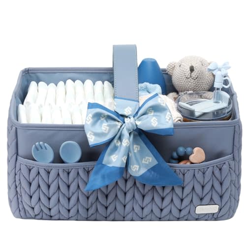 LUKJOJO Luxurious Baby Diaper Caddy, Nursery Storage Basket for Newborn Essentials, Travel Baby Basket for Diapers Baby Wipes, Organizer Tote Bag Storage Bin, Baby Shower Gifts(ash blue)