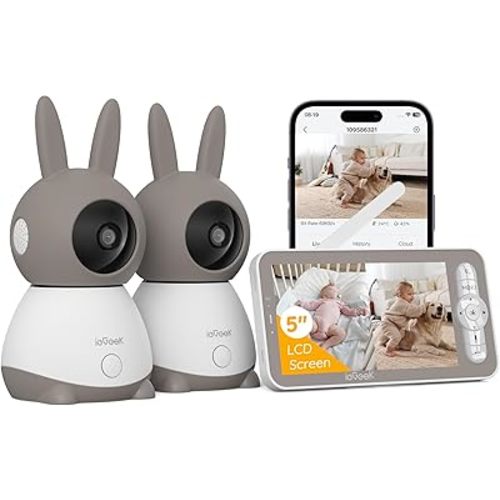 2K Video Baby Monitor with 2 Cameras, ieGeek 360° View Split Screen Baby Monitor WiFi Smartphone with 5" no WiFi LCD Monitor, Motion & Cry Detection, 2-Way Audio, 1000ft Range, Temperature, Lullabies
