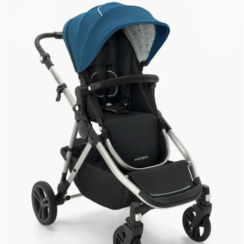 Mockingbird Single-to-Double Stroller 2.0 | Sea, Watercolor Drops, Silver with Black Leather