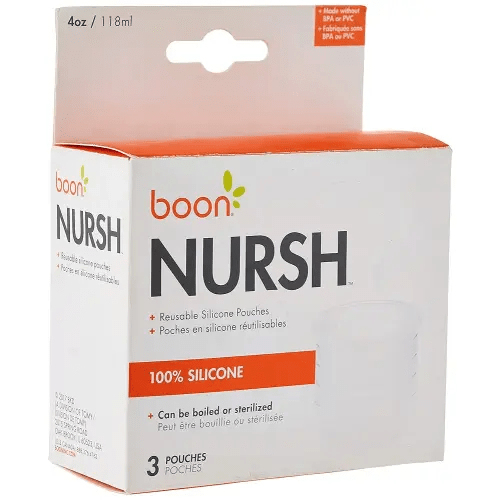 Boon Nursh Reusable Replacement Pouch with Collapsible Silicone Pouch Design - Everyday Baby Essentials - Stage 1 Slow Flow Bottles - Gray - 4 Oz