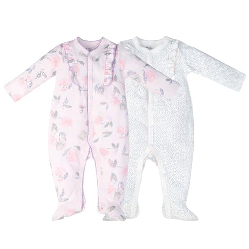 Minicoco 100% Cotton Baby Girls Footies Set of 2, 0-12 Months Long Sleeve Soft and Comfortable Toddler Girls' Footed