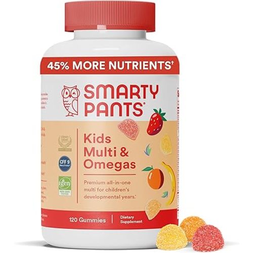 SmartyPants Kids Multivitamin Gummies: Omega 3 Fish Oil (EPA/DHA), Vitamin D3, C, Vitamin B12, B6, A, K & Zinc for Immune Support, Biotin, Gluten Free, Three Fruit Flavors, 120 Count (30 Day Supply)