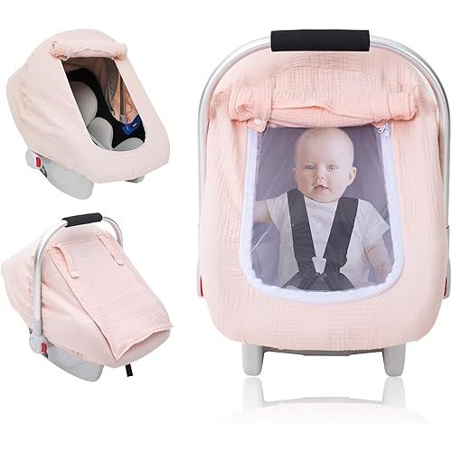 3 Layer Muslin Baby Car Seat Cover, Carseat Covers Baby with Mesh Window, Windproof Infant Car Seat Cover for Girls Boys, Carseat Canopy Privacy Sun Shade Cover for Stroller