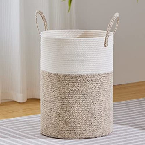 VIPOSCO Large Laundry Hamper, Tall Woven Rope Storage Basket for Blanket, Toys, Dirty Clothes in Living Room, Bathroom, Bedroom - 53L White & Brown