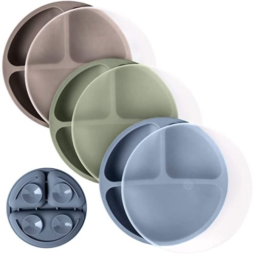 WeeSprout Suction Plates with Lids for Babies & Toddlers - 100% Silicone, Dinnerware Stays Put, Divided Design for Picky Eaters, Microwave & Dishwasher Friendly, 3 Pack - Matte Dark Grey, Blue & Green - With Lids