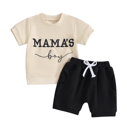 FOCUSNORM Toddler Boys Summer Outfits Mamas Boy Checkerboard Short Sleeve T-Shirts Tops and Elastic Waist Shorts Clothes Sets