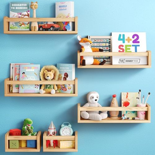 4+2 Floating Nursery Book Shelves for Wall: 4 Long & 2 Mini Shelves, Bookshelf for Kids & Baby Bookshelf, Nursery Book Shelf for Kids Rooms. Nursery Bookshelf (6-in-1 Varnished)