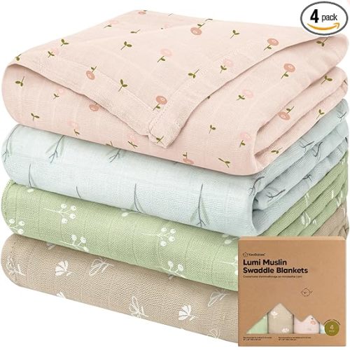 4-Pack Muslin Swaddle Blankets for Boys, Girls - Organic Baby Swaddles for Newborns, Soft & Breathable Receiving Baby Blankets for Girl, Boy, Neutral, Newborn Essentials Gift (Wild Bloom)