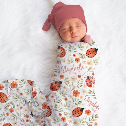 Personalized Ladybug Swaddle Blanket Flowers Name Baby Blanket Newborn Baby Girl Coming Home Outfit Hospital Photo Outfit Baby Shower Gift