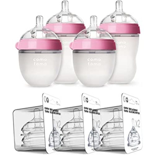 Comotomo Baby Bottle Bundle, Pink, (7 Piece Set)