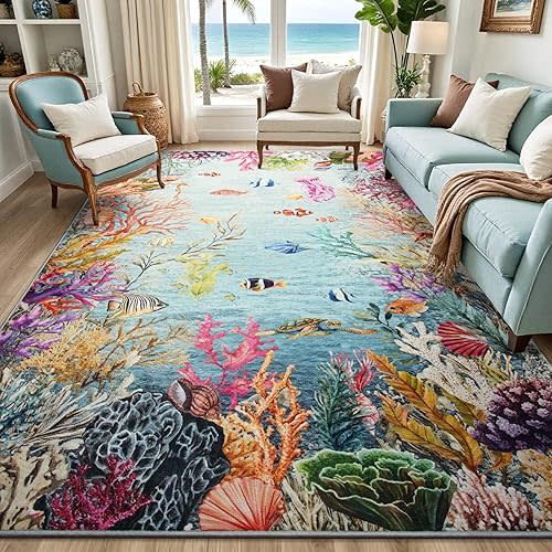 HOMORE Ocean Rugs 5x7 Washable Rug for Kids Room Non Slip Coastal Rug for Living Room Bedroom Nautical Coral Rugs with Fish Sea Turtles Jellyfish Seahorse Beach Carpet for Nursery Dorm, Gray Blue